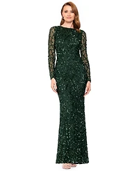Betsy & Adam Petite Long-Sleeve Sequin Gown