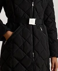 Lauren Ralph Women's Belted Quilt with Fur Collar Coat