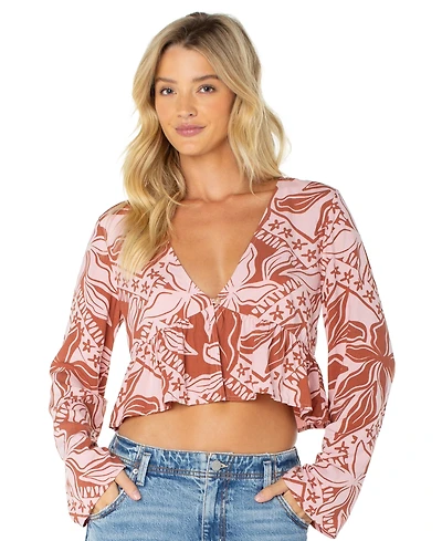 Roxy Women's Night Sky Long Bell-Sleeve V-Neck Floral-Print Crop Top
