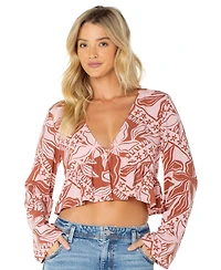 Roxy Women's Night Sky Long Bell-Sleeve V-Neck Floral-Print Crop Top