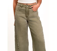Indigo Rein Juniors' High-Waisted Wide-Leg Studded Jeans, 28-1/2" Inseam