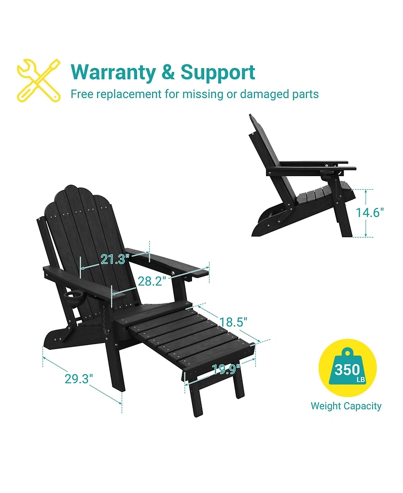 Sonkuki 3-Position Reclining Adirondack Chair with Retractable Ottoman, Folding Patio Cup Holder, Heavy Duty Hdpe Fire Pit Seating 350lbs
