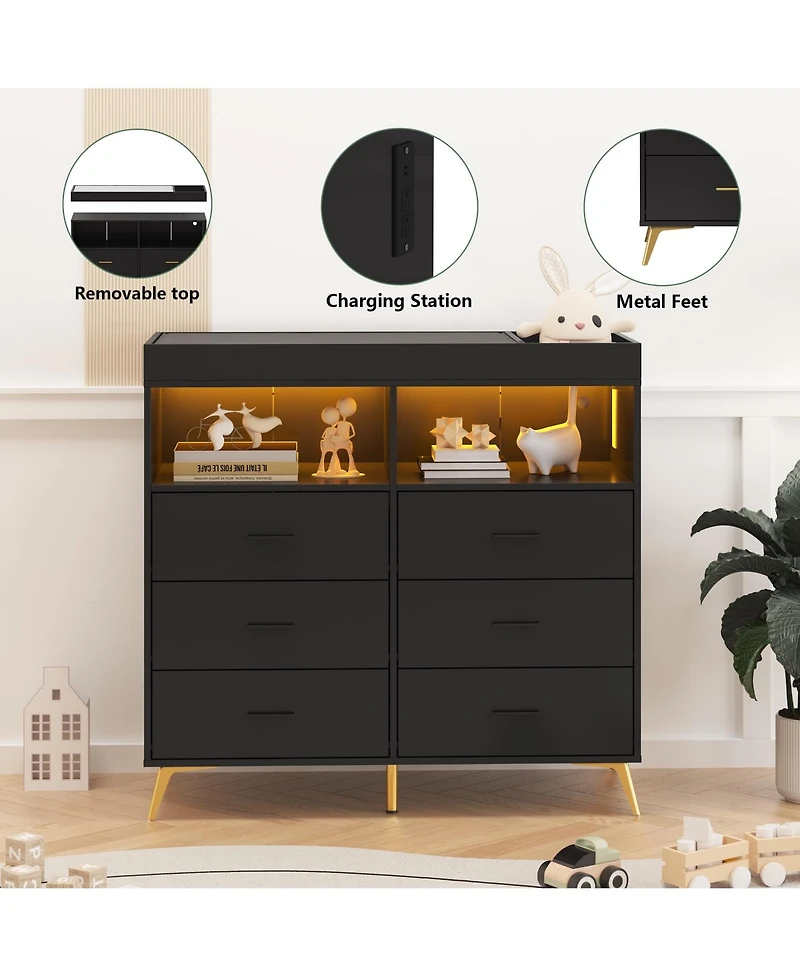 homfan 6-Drawer Changing Table Dresser with Led Lights and Charging Station, 2 Open Shelves, Convertible Baby Diaper Station