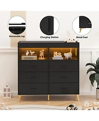 homfan 6-Drawer Changing Table Dresser with Led Lights and Charging Station, 2 Open Shelves, Convertible Baby Diaper Station