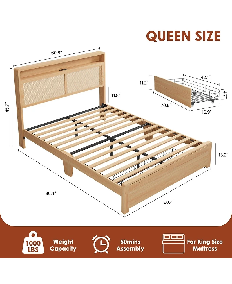 homfan Wooden Rattan Bed Frame Bohemian with Storage and Led Lights | Cane Headboard Charging Station, Slats, Noise-free