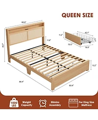 homfan Wooden Rattan Bed Frame Bohemian with Storage and Led Lights | Cane Headboard Charging Station, Slats, Noise-free
