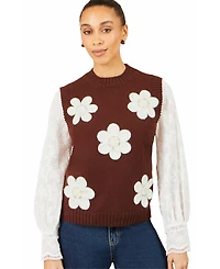Yumi Women's Floral-Print Applique Sleeveless Sweater Vest