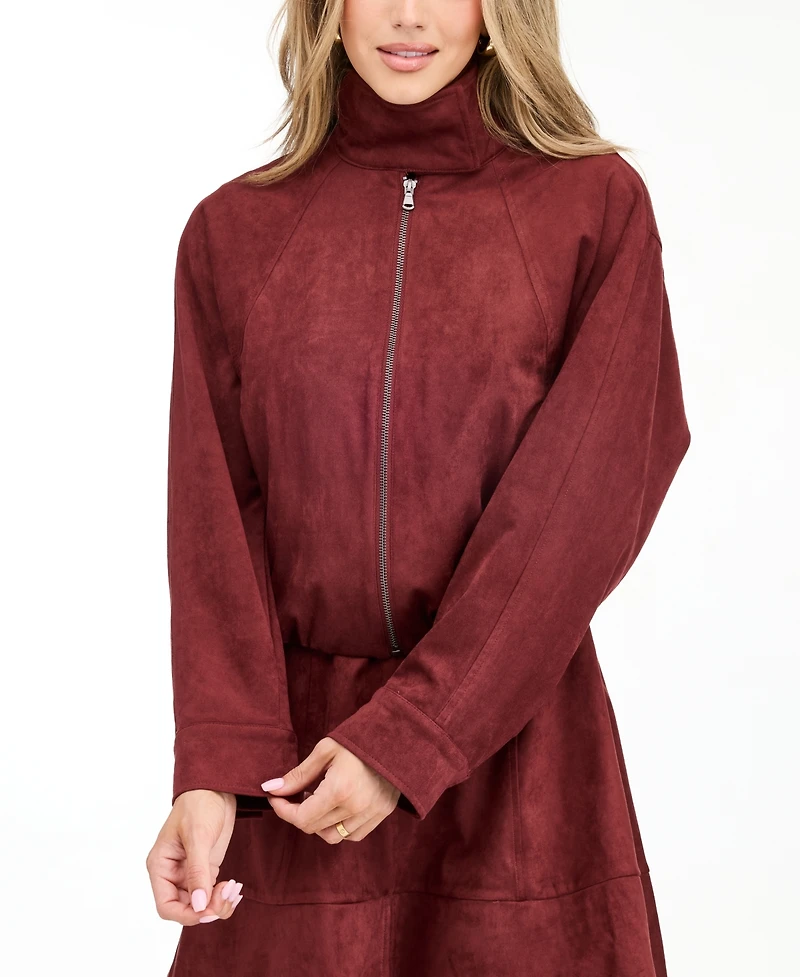 Kittenish Women's Porter Faux-Suede Bomber Funnel Neck Jacket