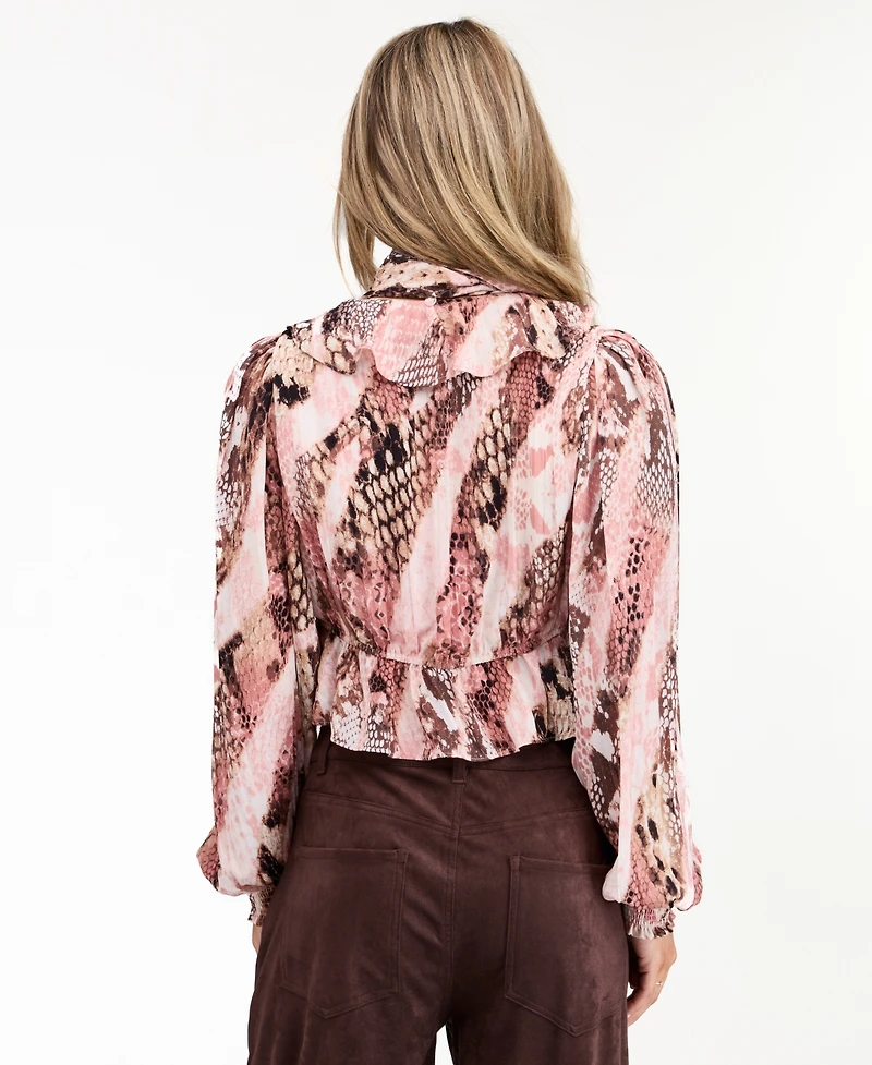 Kittenish Women's Audrey Yoryu Long-Sleeve Ruffle Snake-Print Blouse