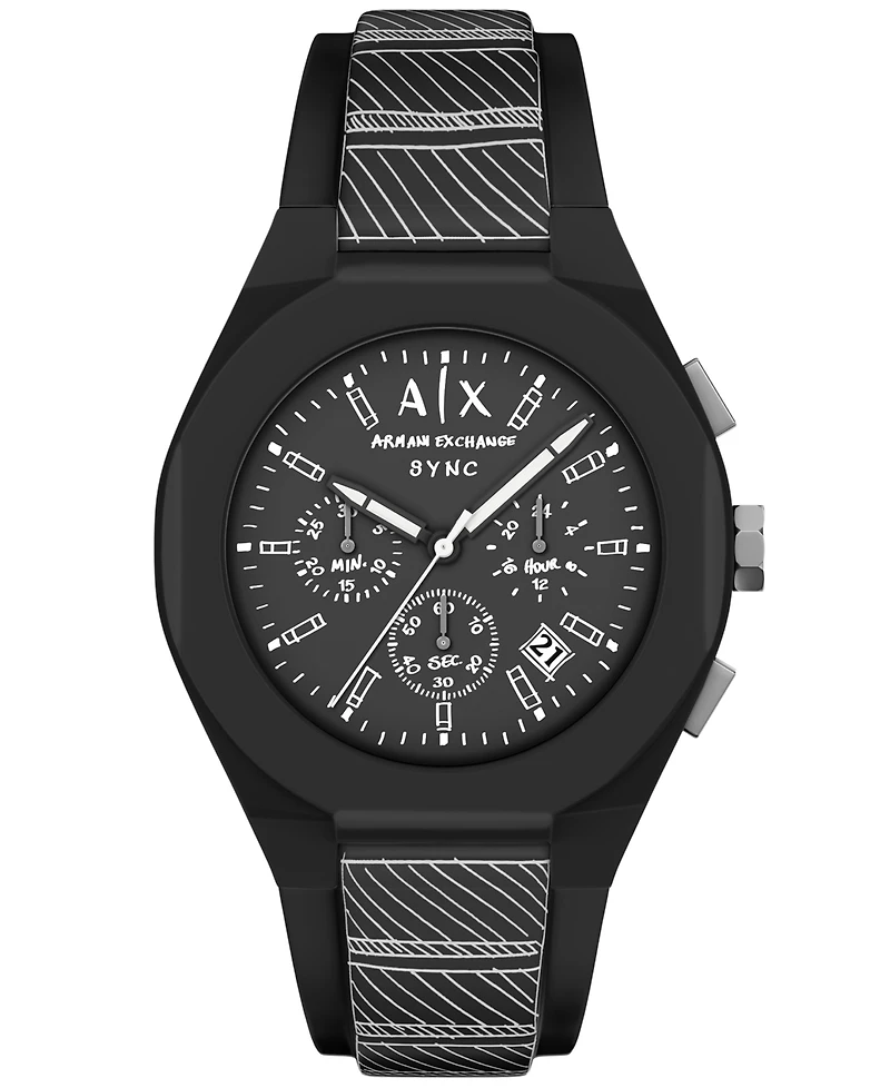Armani Exchange Men's Sync Quartz Chronograph Black Silicone Watch 44mm