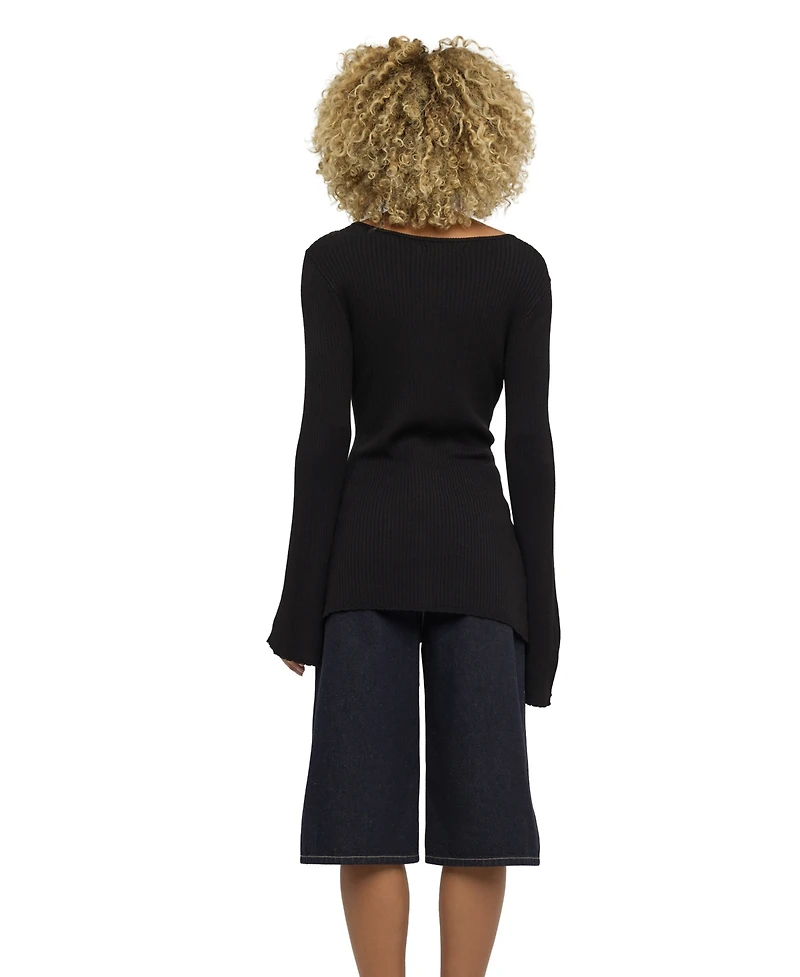 Blank Nyc Women's Ribbed-Knit Bell-Sleeve Button-Up Top