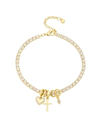 Unwritten Cubic Zirconia Gold-Plated Cross and Heart Charm Tennis Bracelet