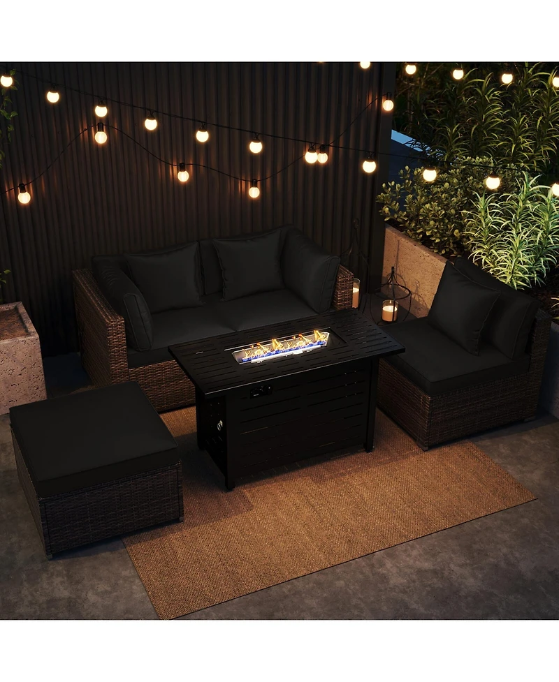 Costway 5 Pieces Patio Furniture Set Heavy-duty Frame Rattan Sofa with 60,000 Btu Firepit Table
