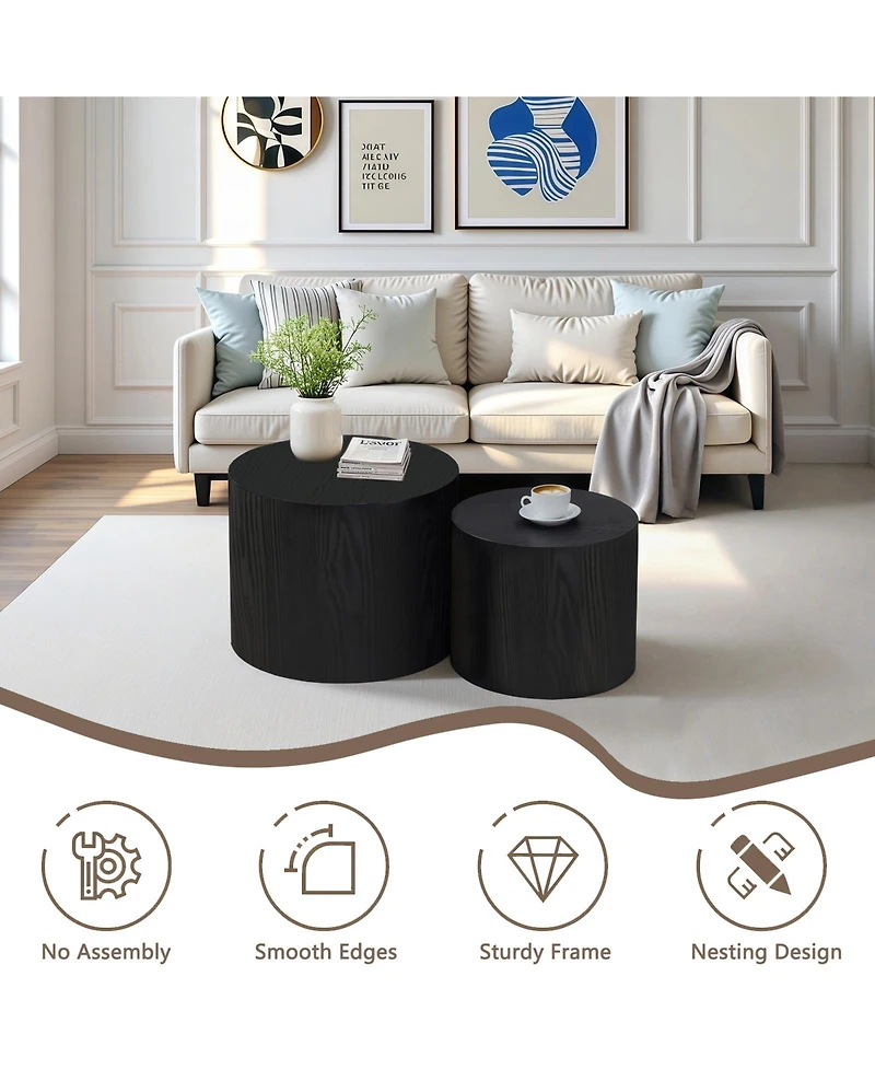 Clihome Nesting Coffee Table Set of 2, Modern Round with Non-Slip Feet, Wood Side for Living Room, Bedroom