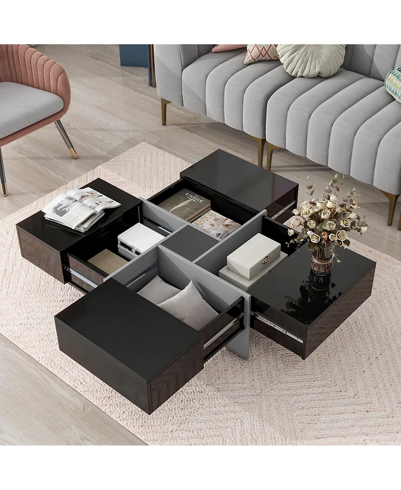 Clihome On-trend Unique Design Coffee Table with 4 Hidden Storage Compartments, Square Cocktail Extendable Sliding Tabletop,31.5"x 31.5"