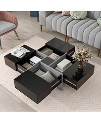 Clihome On-trend Unique Design Coffee Table with 4 Hidden Storage Compartments, Square Cocktail Extendable Sliding Tabletop,31.5"x 31.5"