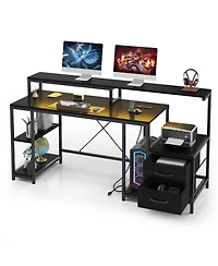 homfan Computer Gaming Desk with File Drawers, 63'' Home Office Power Outlets and Led Light, Printer Space, Monitor Stand, Storage