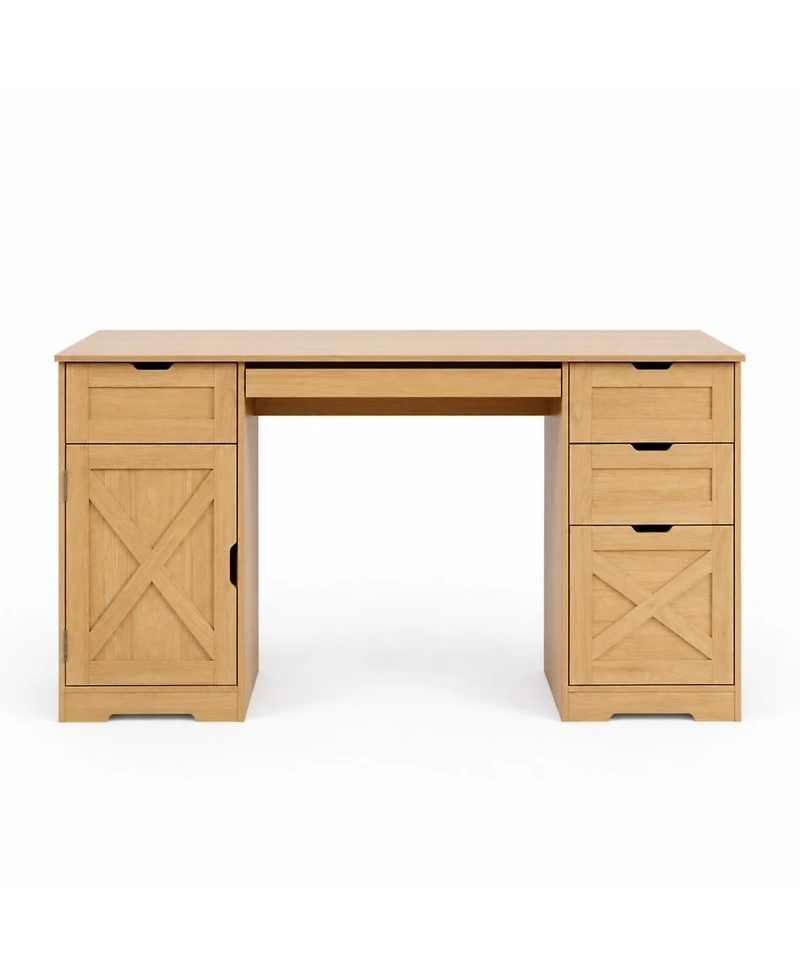 homfan 59" Farmhouse Office Desk with 4 Drawers, Charging Station and Keyboard Tray, Wood-Look