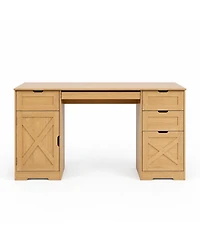 homfan 59" Farmhouse Office Desk with 4 Drawers, Charging Station and Keyboard Tray, Wood-Look