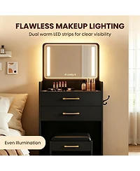 gaomon Mini Makeup Vanity Desk with Led Lighted Mirror, Usb Charging Station, Hidden Rolling Stool