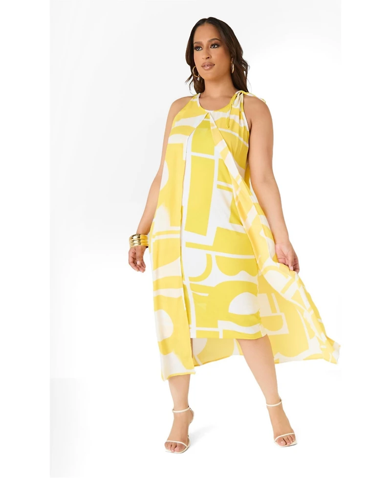 Ashley Stewart Plus Abstract Print Cape Effect Halter Neckline Midi Dress