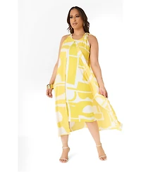 Ashley Stewart Plus Abstract Print Cape Effect Halter Neckline Midi Dress