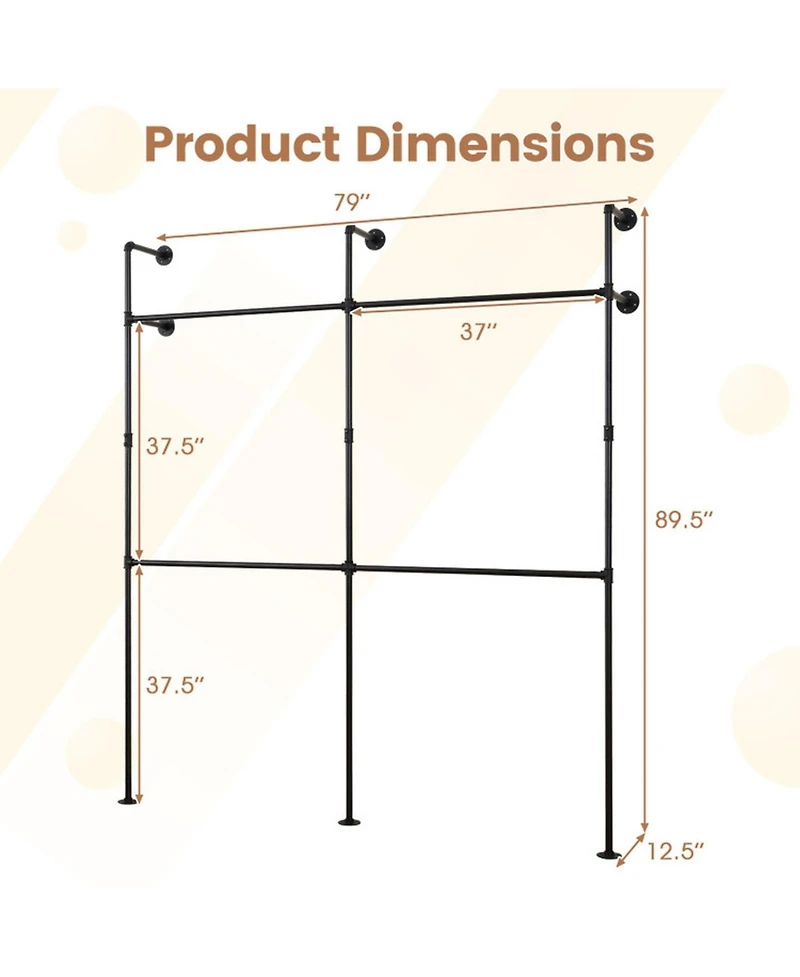 Hongge 9-Inch Double Tier Pipe Clothing Rack for Wall Mounting