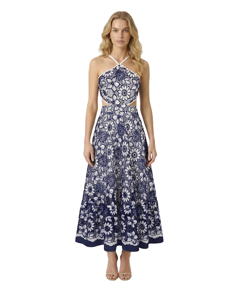 Modenaire Women's Embroidered Floral Halter Midi Dress