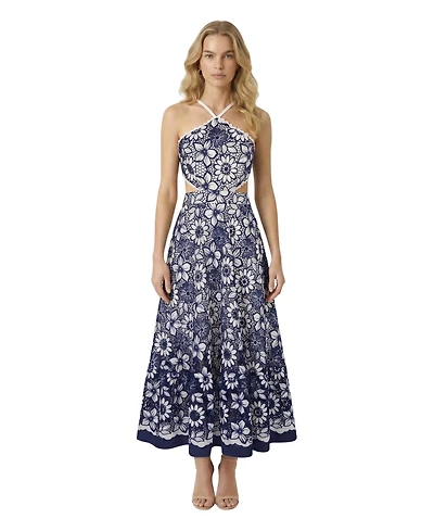 Modenaire Women's Embroidered Floral Halter Midi Dress