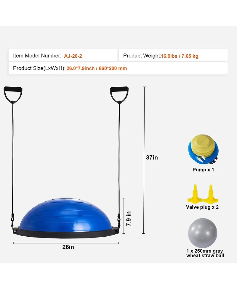 Sugift 26 in Half Exercise Ball Trainer 1500lbs Capacity Stability Ball with Resistance Bands Foot Pump