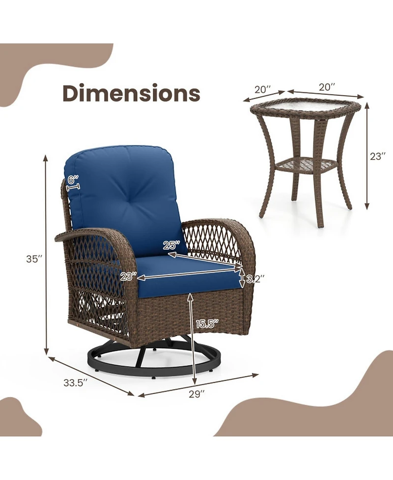 Sugift Patio Swivel Rocker Set with Tempered Glass Side Table and Thick Cushions
