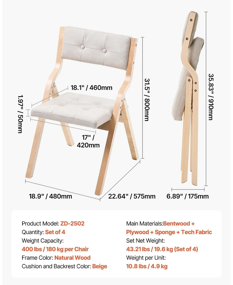 Sugift Set of 4 Wooden Folding Chairs with Cushion Padded Dining Chairs for Kitchen Office Wedding Party