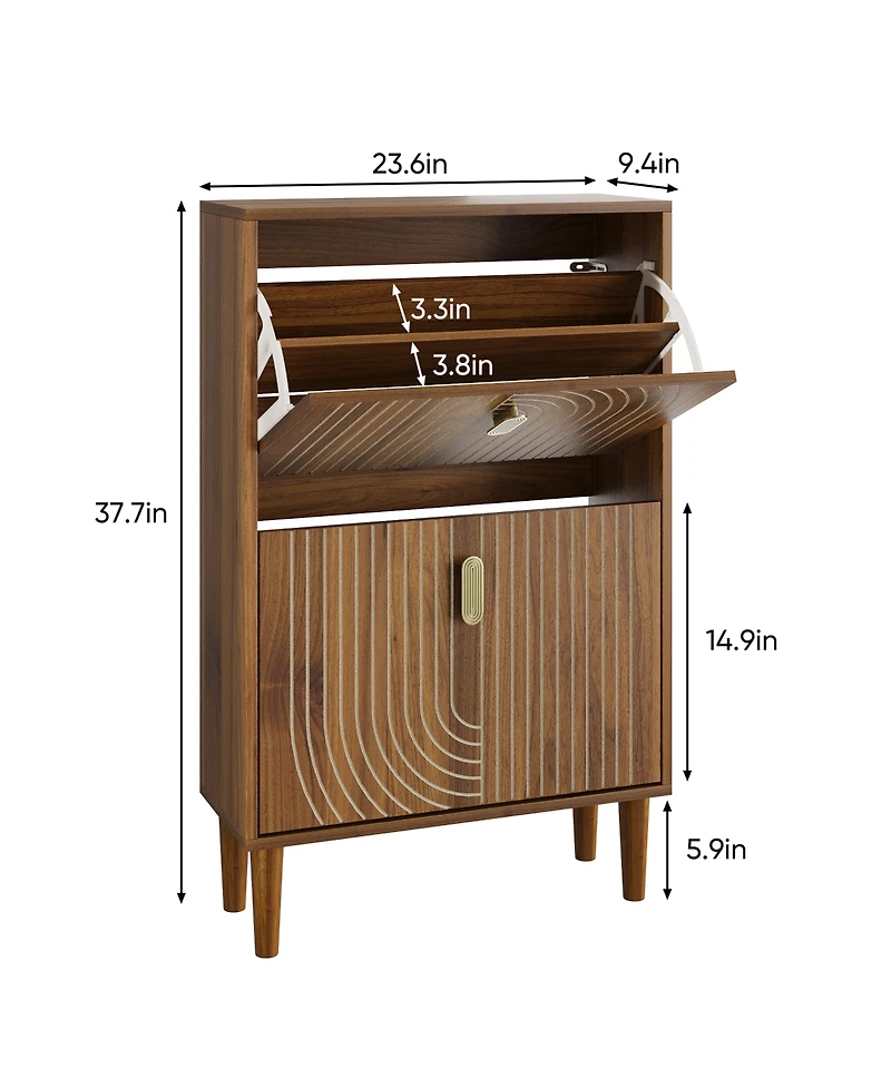 Boyel Living 23.6-Inch Freestanding Shoe Storage Cabinet with 2 Flip Drawers, Line Groove Entryway Organizer with Adjustable Shelves and Metal Handles
