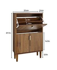 Boyel Living 23.6-Inch Freestanding Shoe Storage Cabinet with 2 Flip Drawers, Line Groove Entryway Organizer with Adjustable Shelves and Metal Handles
