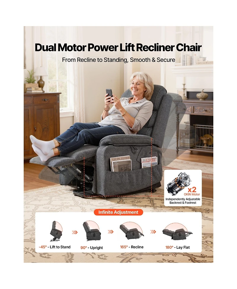Sugift Dual Motor Power Lift Recliner Chair with Heat Massage Remote Side Pockets Chenille Fabric