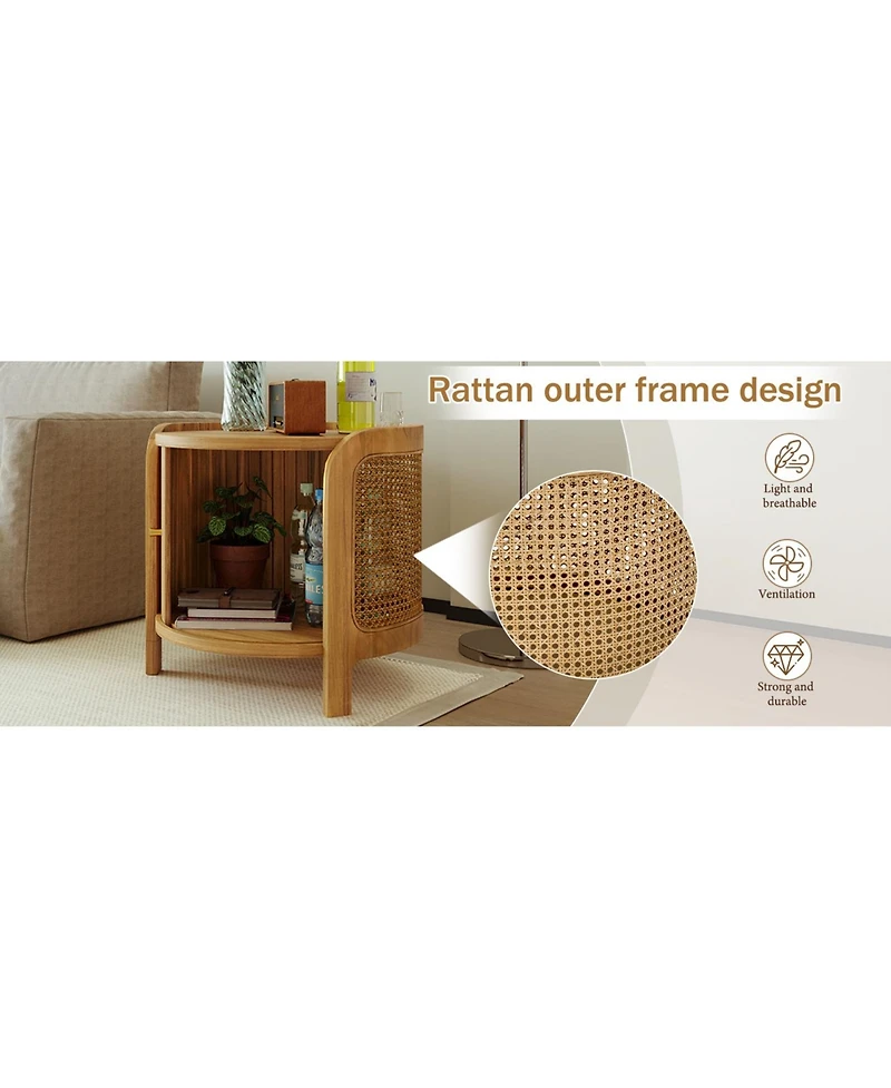 Flynama Round Rotating Coffee Table Rattan Hidden Storage Mdf Modern Living Room Table