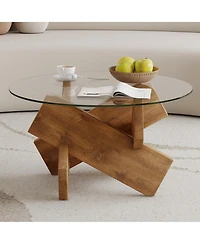 Flynama Modern Round Glass Coffee Table 33 Inch Tempered Top Wood Leg Living Room Table