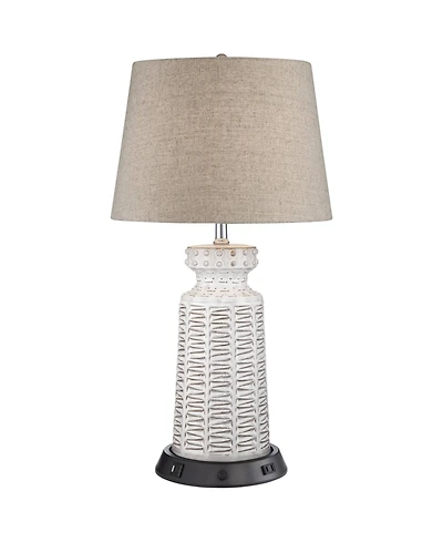 360 Lighting Helene Country Cottage Table Lamp 26" High Cream Ceramic with Dimmable Usb Workstation Base Drum Linen for Living Room Desk