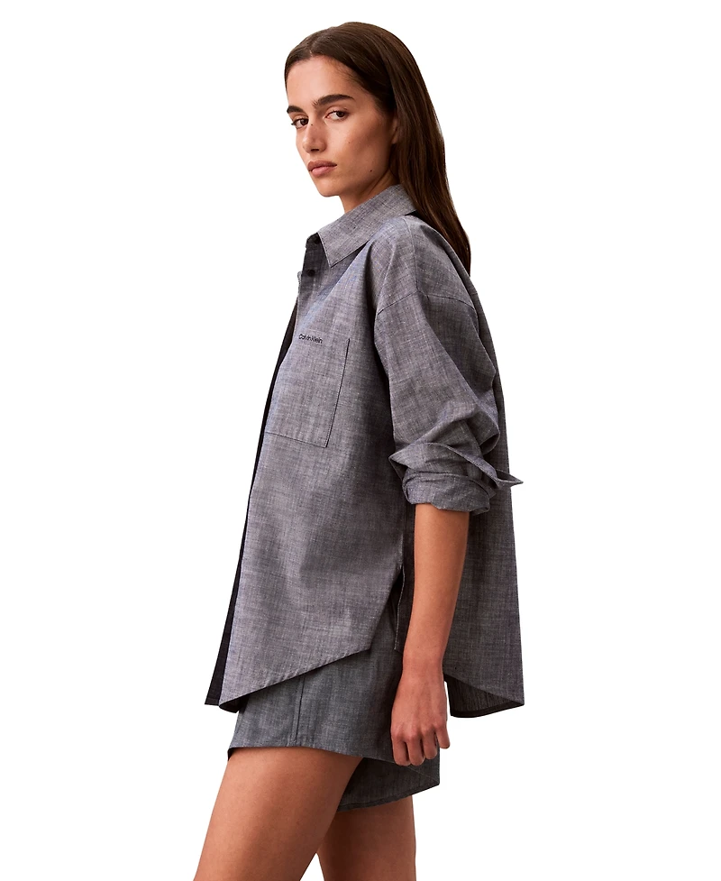 Calvin Klein Women's Chambray Long-Sleeve Button-Down Sleep Shirt