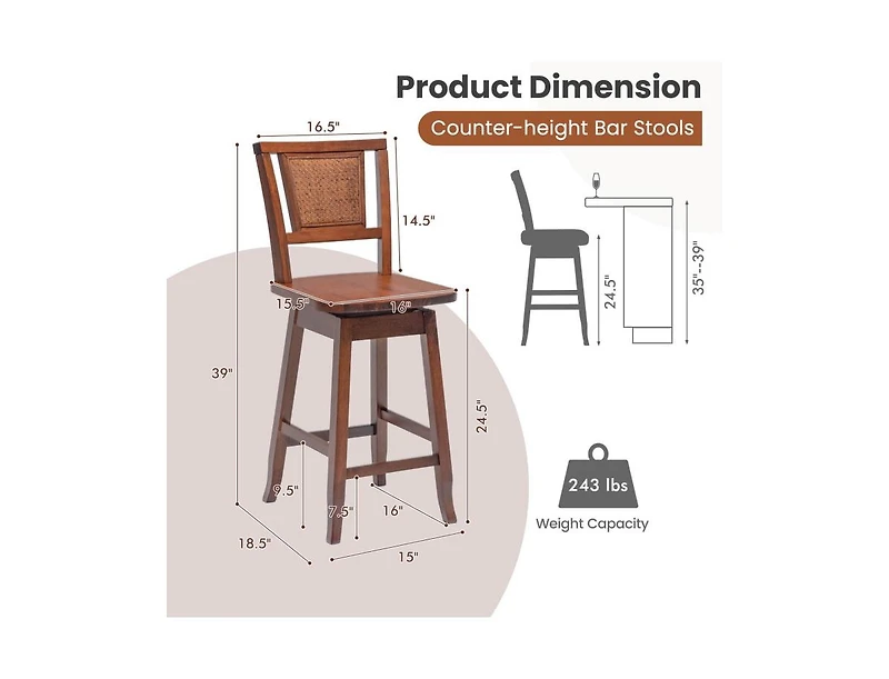 Clihome 2 Pieces 24.5 Inch Bar Stools with Rattan Back and Swivel Seat