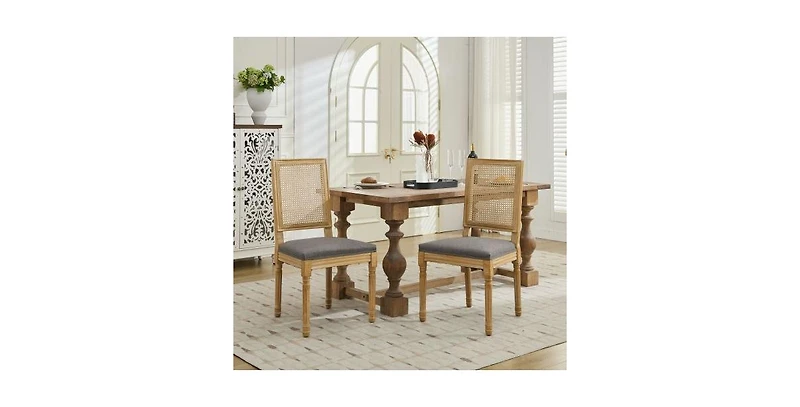 Flynama Set of 2 Solid Wood Rattan Back Dining Chairs