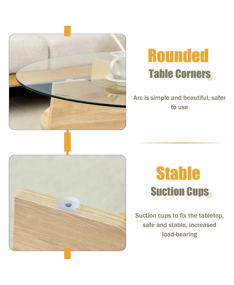 flynama 31.5 Inch Round Tempered Glass Coffee Table, Fan-Shaped Wood Grain Pedestal Table for Living Room and Office