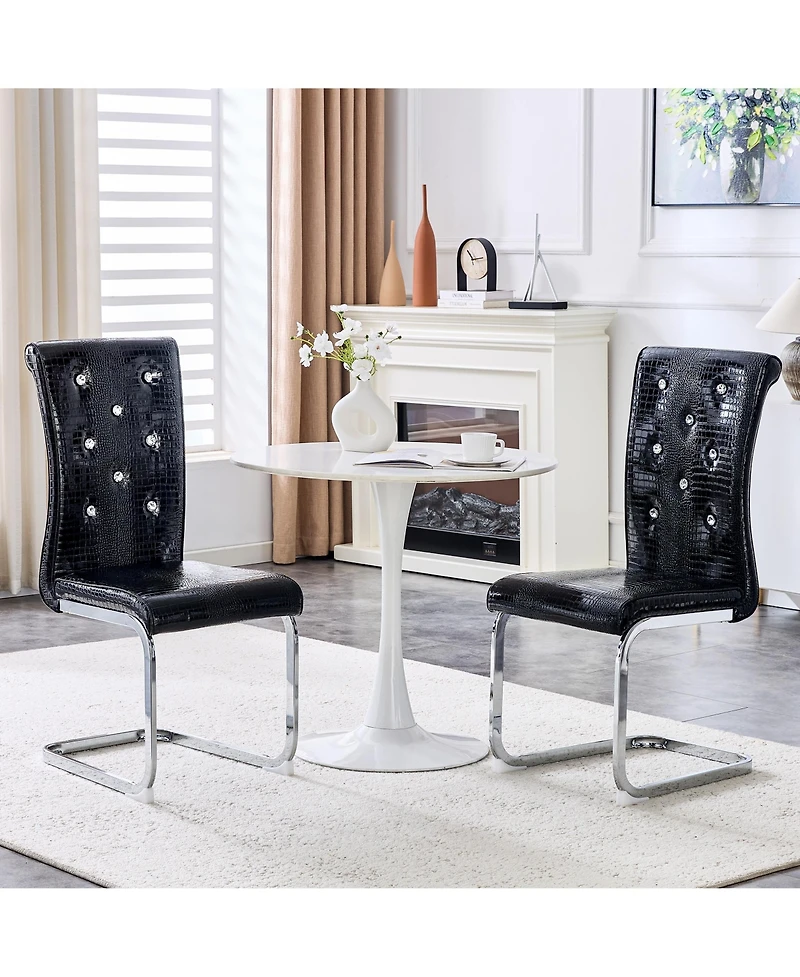 Flynama Set of 2 Retro Faux Alligator Skin Dining Chairs, Pvc Leather Chairs with Crystal Buckle and Electroplated Metal Legs