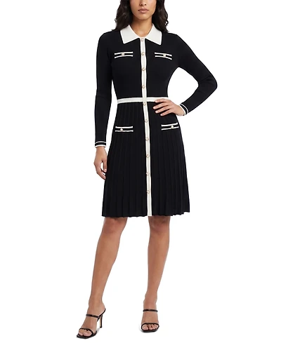 Taylor Petite Button Fit Colorblock Sweater Long-Sleeve Shirt Collar Dress