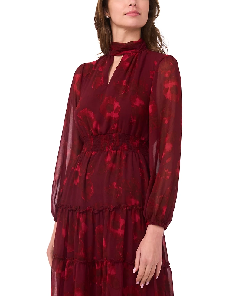 Msk Petite Long-Sleeve Floral-Print Keyhole Dress