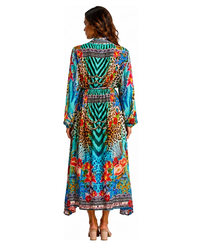 La Moda Clothing Women's Leopard-and-Floral-Print Long-Sleeve V-Neck Wrap Maxi Dress