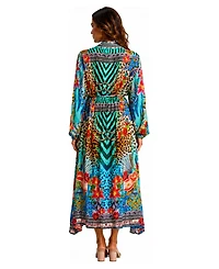 La Moda Clothing Women's Leopard-and-Floral-Print Long-Sleeve V-Neck Wrap Maxi Dress