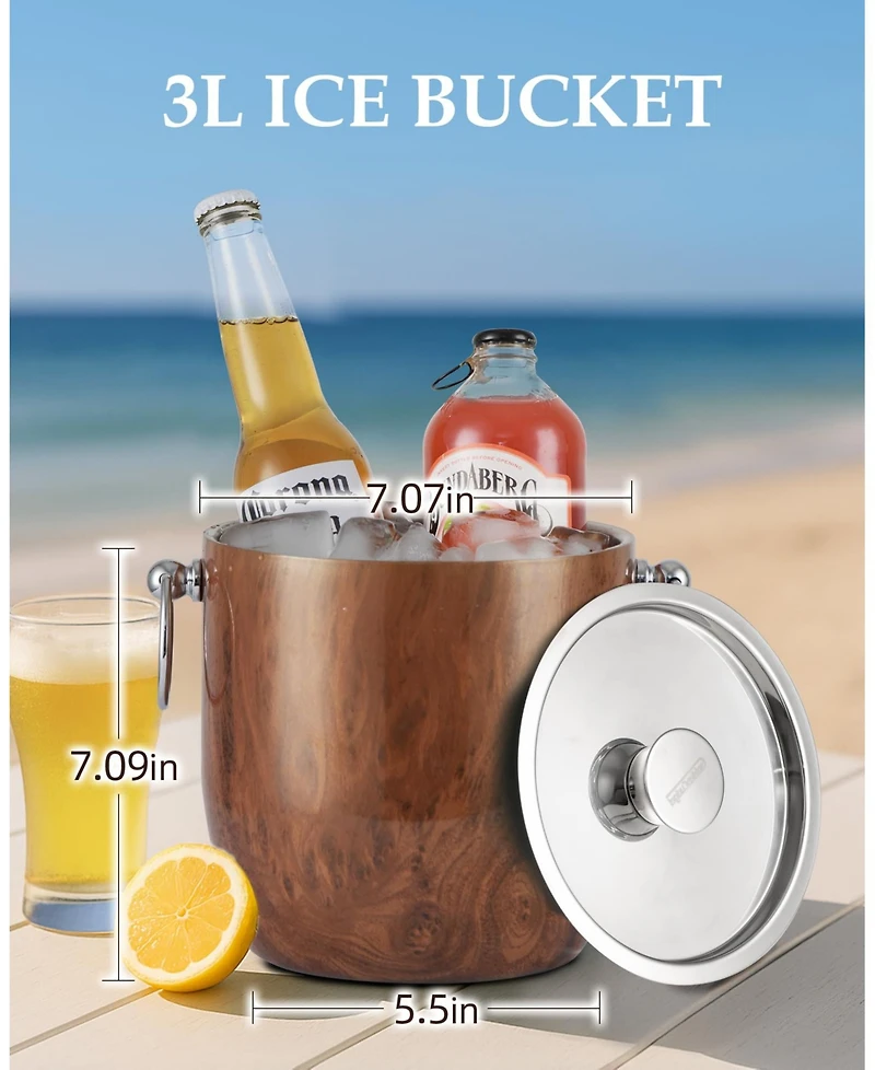 Piscifun 3L Double Wall Stainless Steel Insulated Ice Bucket With Lid Scoop Tongs Strainer For Parties Bars