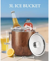 Piscifun 3L Double Wall Stainless Steel Insulated Ice Bucket With Lid Scoop Tongs Strainer For Parties Bars