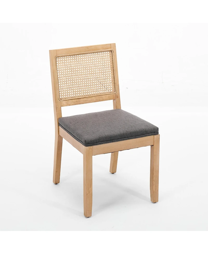 Flynama Set of 2 Hardwood Linen Upholstered Cane Rattan Dining Side Chairs
